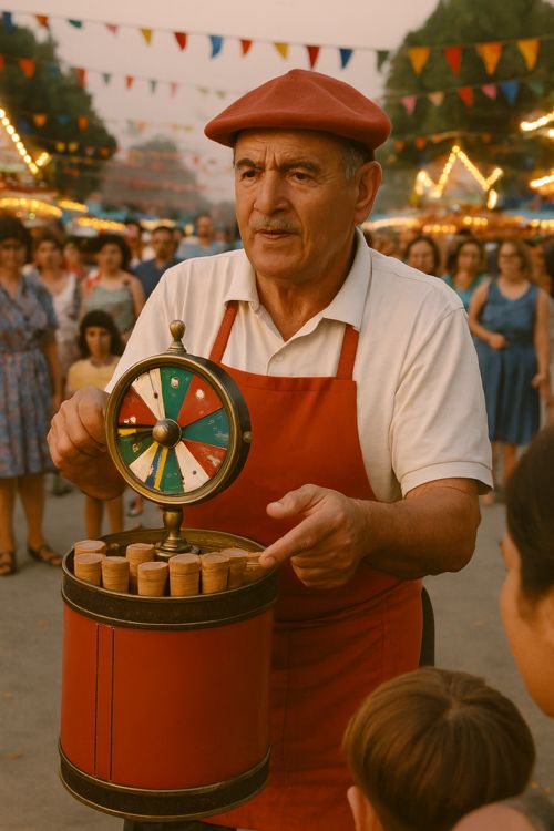 Barquillero con boina y delantal rojos mostrando su trompo de la suerte sobre una caja cilíndrica llena de barquillos, en una feria popular con público y banderines de colores al fondo