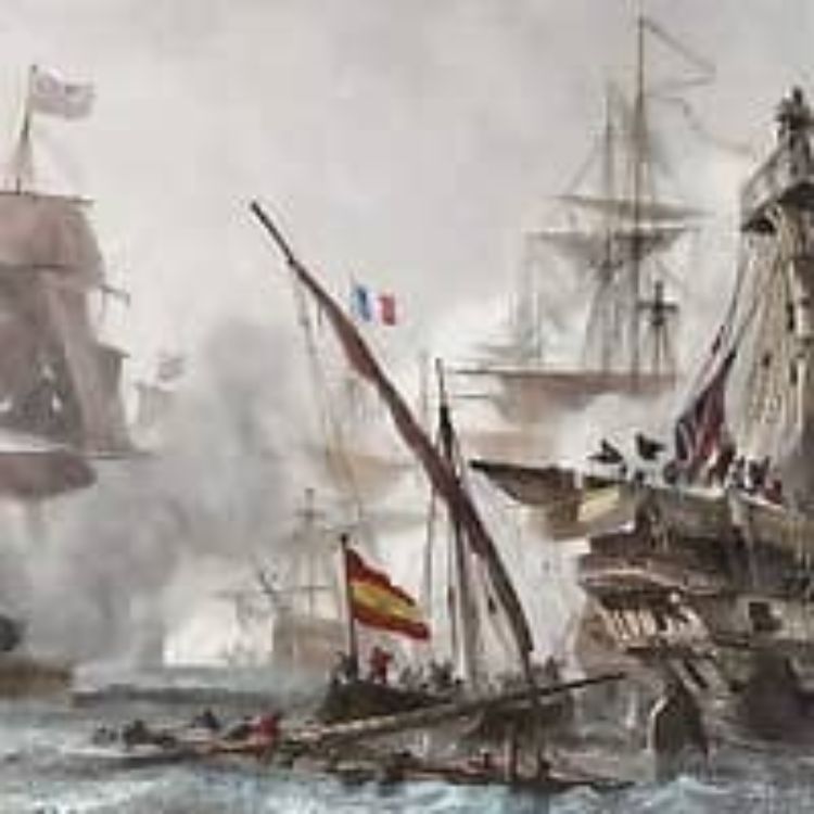 Escena de la batalla naval de Tenerife, con varios buques de guerra de distintas potencias europeas envueltos en humo de cañones y pequeñas embarcaciones en primer plano