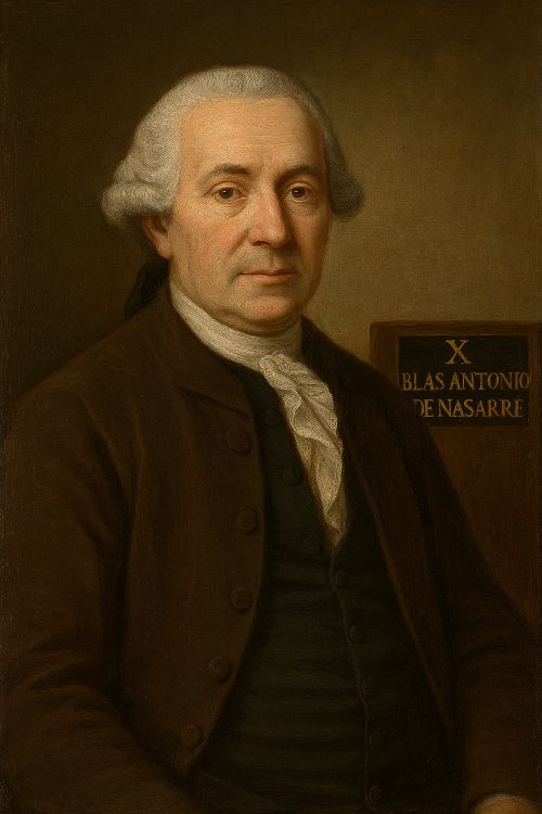 Retrato pictórico de Blas Antonio de Nasarre, erudito del siglo XVIII y cuarto ocupante de la silla X de la Real Academia Española, con vestimenta académica y placa identificativa
