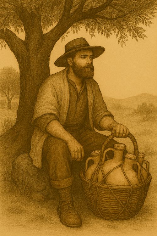 Botijero sentado bajo un olivo, con capazo lleno de botijos de barro