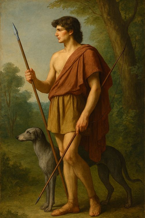 Céfalo con jabalina y perro en un bosque mediterráneo al amanecer