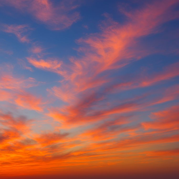 Celaje Celaje al atardecer con nubes altas de formas variadas, teñidas de tonos dorados, rosados, violetas y azul profundo