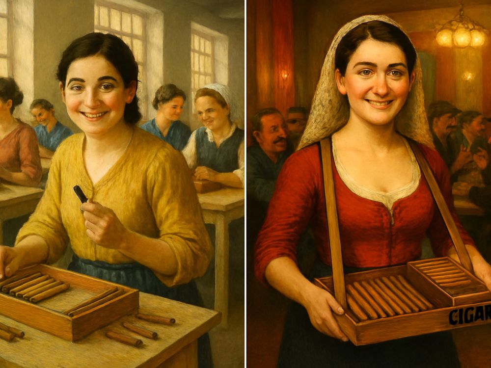 Cigarreras Composición pictórica con dos escenas: a la izquierda, cigarreras trabajando en una fábrica de tabacos; a la derecha, vendedora de cigarros en un café urbano