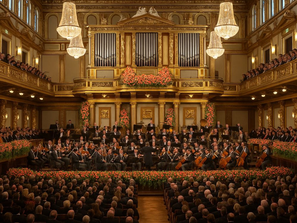 Vista frontal de la Sala Dorada del Musikverein durante el Concierto de Año Nuevo de Viena, con la Filarmónica en pleno, el órgano dorado al fondo y decoración floral en el escenario
