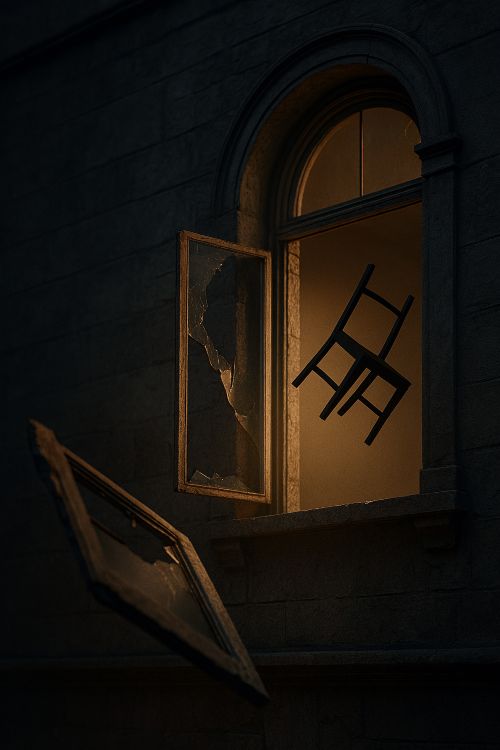 Defenestrar. Silla cayendo por una ventana rota en un edificio antiguo iluminado desde dentro, sin aparente presencia humana