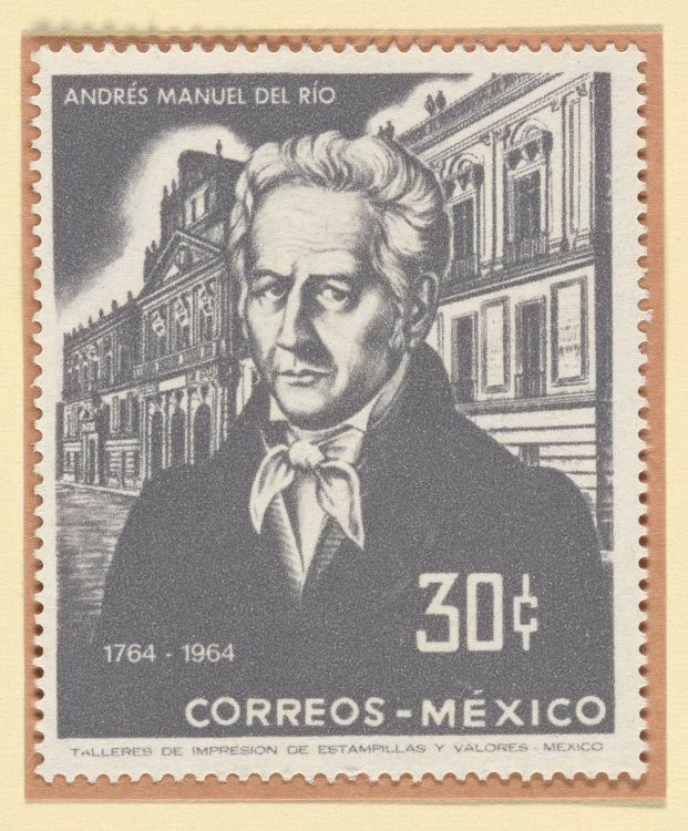 Sello conmemorativo mexicano de 1964 con el retrato de Andrés Manuel del Río y el edificio del Palacio de Minería