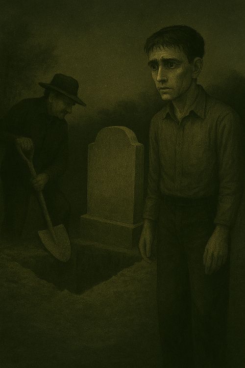 Efectos secundarios. Escena nocturna en un cementerio: un joven sepulturero con expresión de terror junto a su padre, que trabaja con calma junto a una tumba abierta