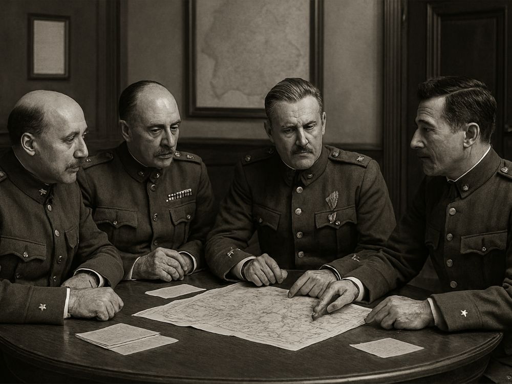 El Cuadrilátero El Cuadrilátero. Cuatro generales españoles reunidos en torno a una mesa redonda, examinando un mapa en un despacho sobrio