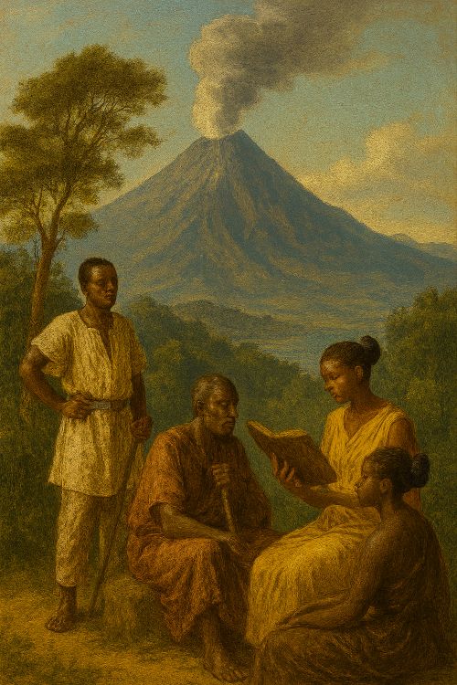 El bakweri Representación de cuatro personas bakweri reunidas en un entorno natural cercano al Monte Camerún, escuchando y compartiendo conocimiento, símbolo de la transmisión oral del idioma bakweri