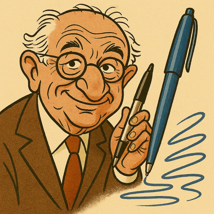 Retrato caricaturesco de Ladislao José Biró sosteniendo un bolígrafo gigante mientras dibuja una línea azul