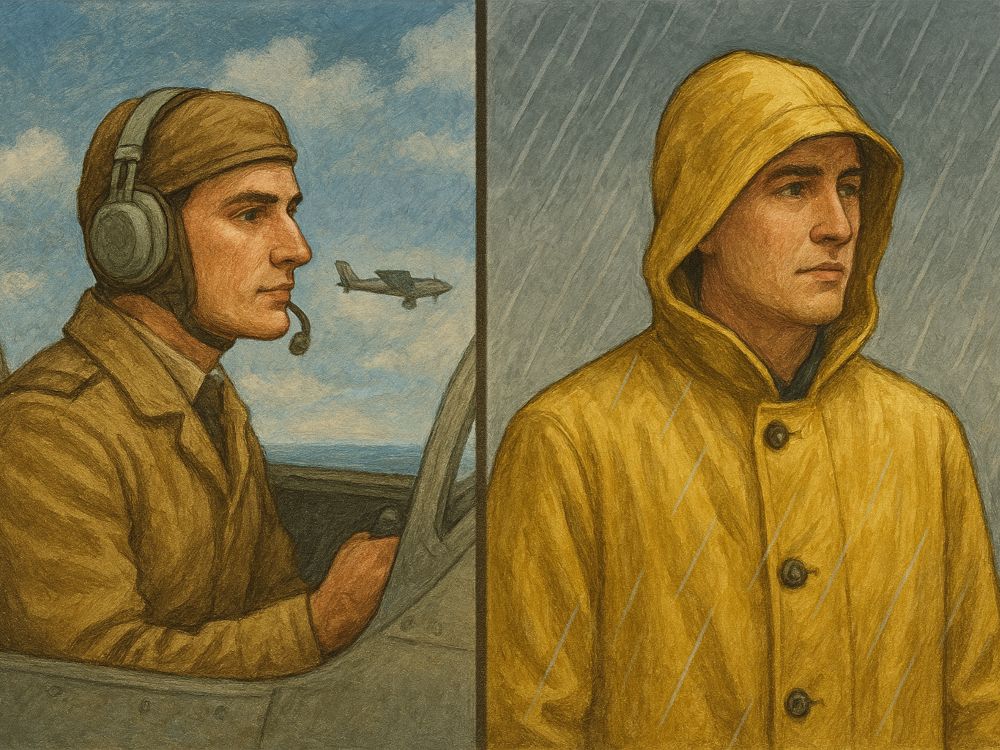 Comparación visual entre el significado de “piloto” en Argentina y en España: un impermeable y un aviador