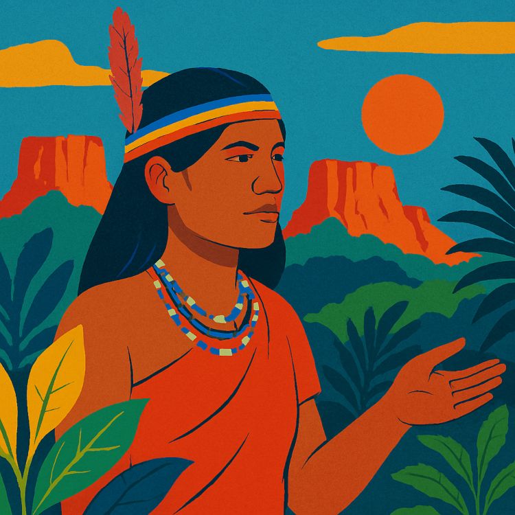 El pemón de la Guayana El pemón de la Guayana. Mujer indígena pemón en paisaje de tepuyes y selva tropical, con vegetación colorida y sol intenso