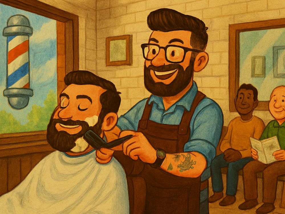 Barbero joven arreglando la barba de un cliente con brocha y navaja en una barbería animada