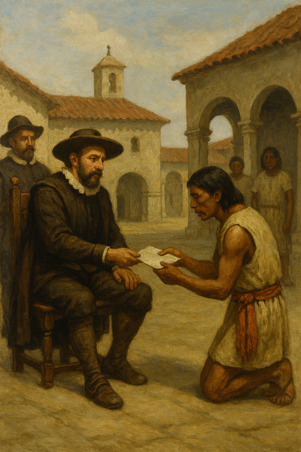 Escena colonial en un patio con arquitectura española: un encomendero recibe un documento de un hombre indígena arrodillado, mientras otras figuras observan al fondo