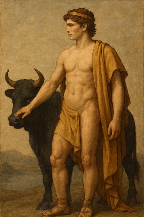 Épafo, joven de porte sereno junto a un toro oscuro, en un paisaje simbólico inspirado en el valle del Nilo