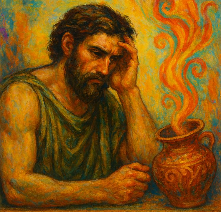 Epimeteo, figura masculina pensativa con gesto de duda, frente a una vasija abierta de la que emergen vapores color fuego, en un entorno pictórico de colores vibrantes y contrastados