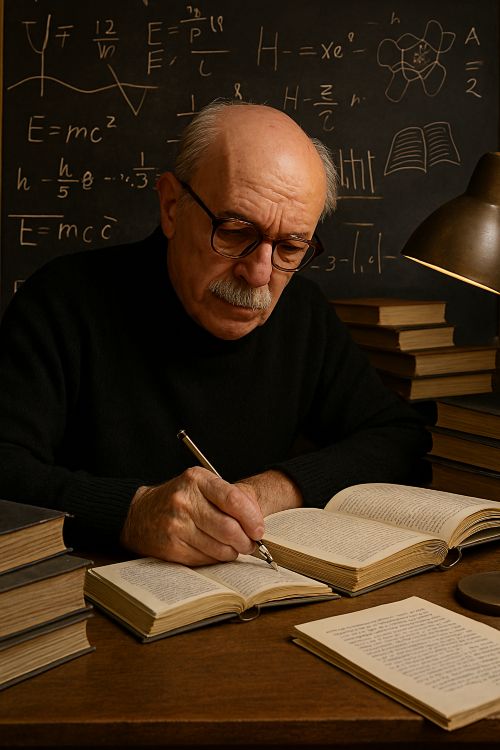 Ernesto Sábato Retrato de Ernesto Sábato escribiendo en un escritorio rodeado de libros, con una pizarra llena de ecuaciones científicas al fondo