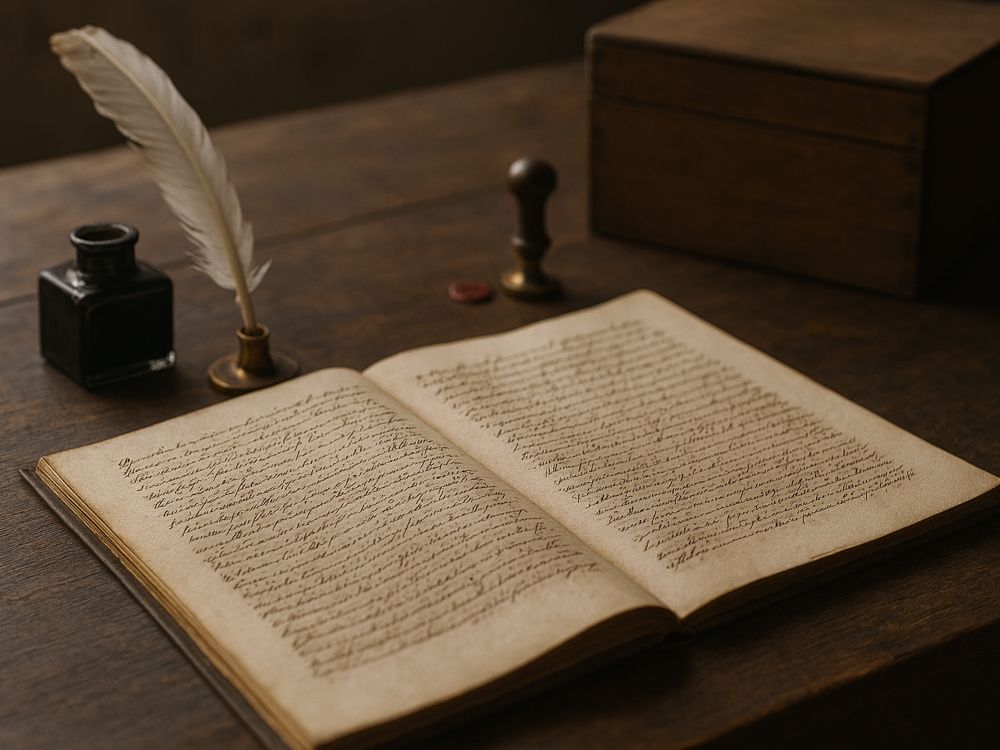 Escribano. Mesa de trabajo antigua con protocolo notarial manuscrito, tintero, pluma de ave, sello de lacre y caja de archivo