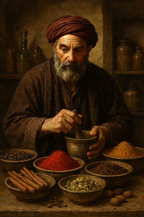 Retrato realista de un especiero medieval rodeado de especias, frascos y utensilios en su tienda
