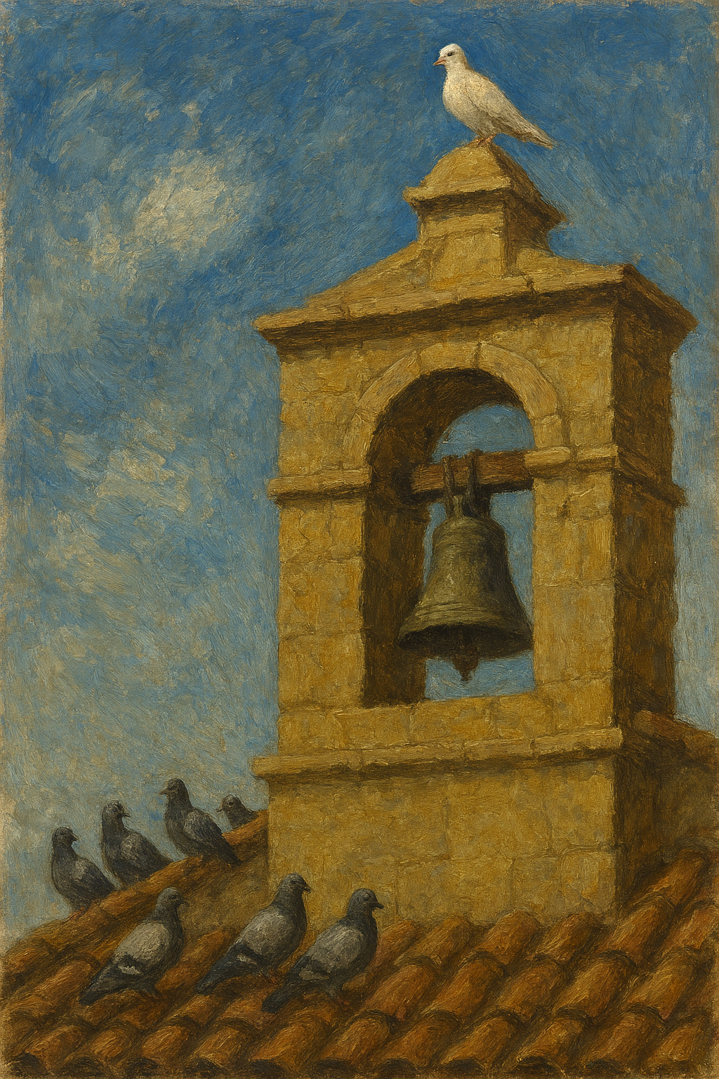 Falta una paloma. Campanario antiguo al atardecer con varias palomas posadas y un hueco visible donde falta una