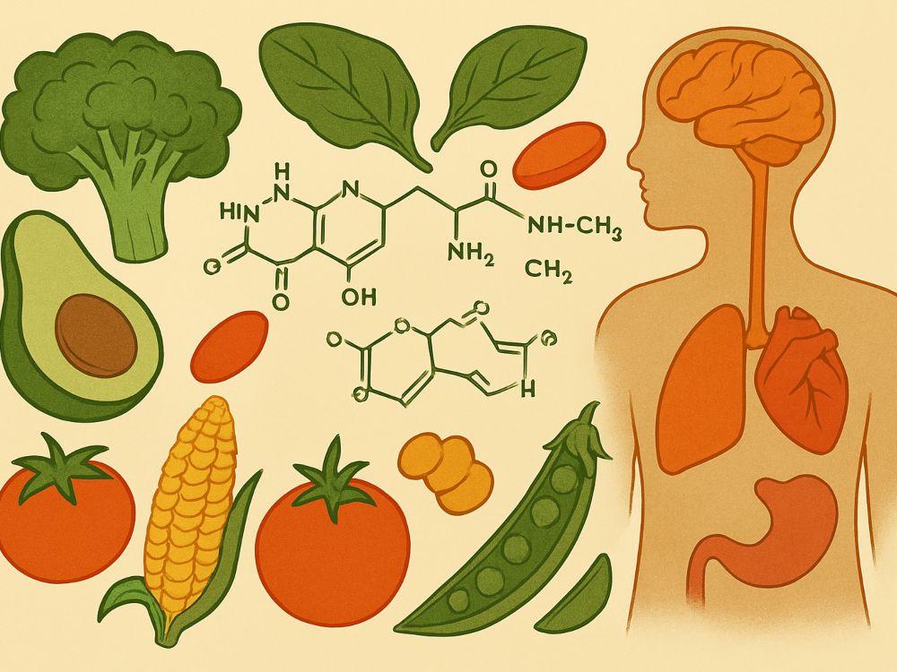 Ilustración científica que representa el papel del folato en el cuerpo humano, con figura estilizada rodeada de glóbulos rojos, espirales de ADN y formas celulares luminosas