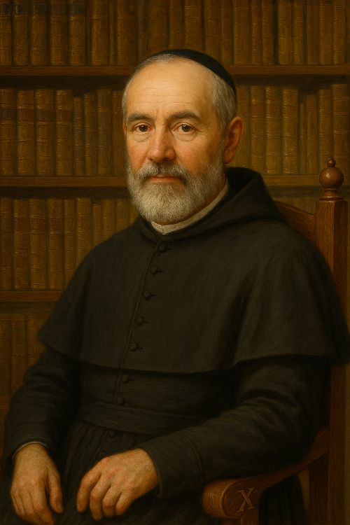 Fray Juan de Aravaca, clérigo ilustrado del siglo XVIII, con barba cana, sotana negra y alzacuellos visible, sentado ante una biblioteca antigua; en la silla se distingue una X grabada que alude a su asiento en la RAE