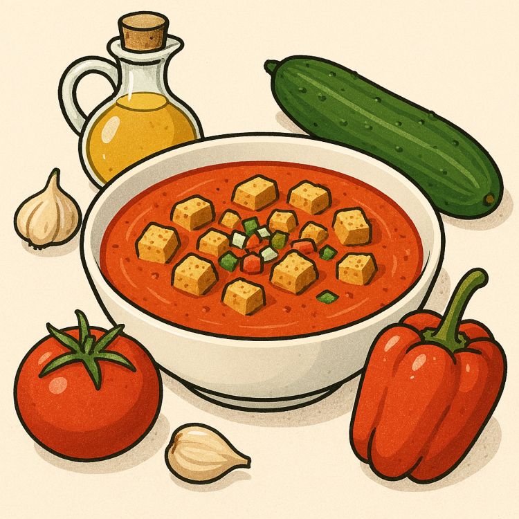 Ingredientes clásicos del gazpacho entrando en un cuenco de gazpacho brillante