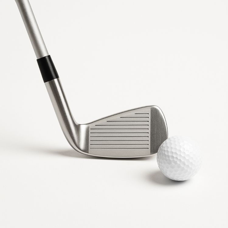 Primer plano de un palo de golf y una pelota listos para el golpe, sobre fondo neutro