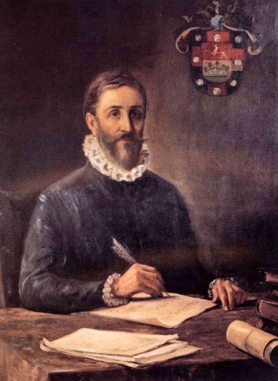 Gonzalo Jiménez de Quesada. escribiendo con pluma en un escritorio, con libros, papeles y un escudo heráldico en la esquina superior