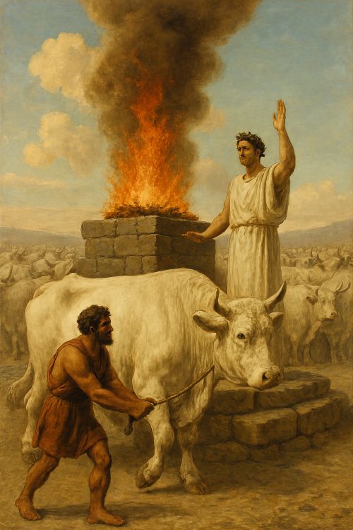 Hecatombe. Paisaje ritual griego con altar vacío, ganado tranquilo y colinas mediterráneas bajo luz cálida