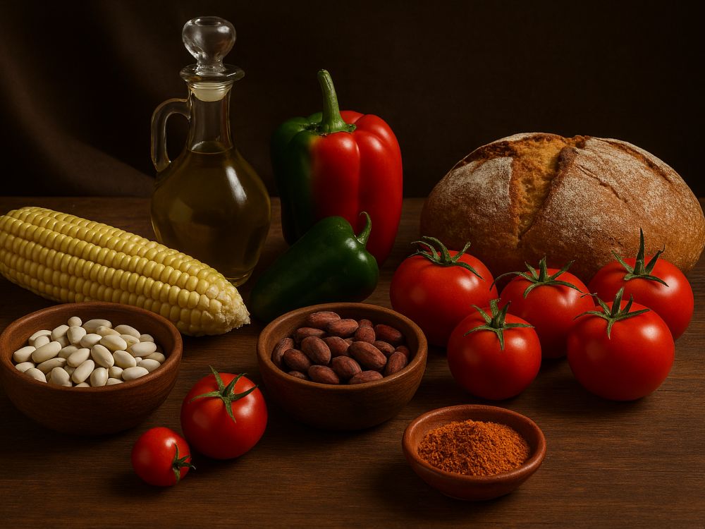 Historias de lo que comemos. Bodegón con ingredientes españoles e hispanoamericanos: maíz, aceite de oliva, ajíes, pan, tomate, cacao y legumbres sobre mesa de madera