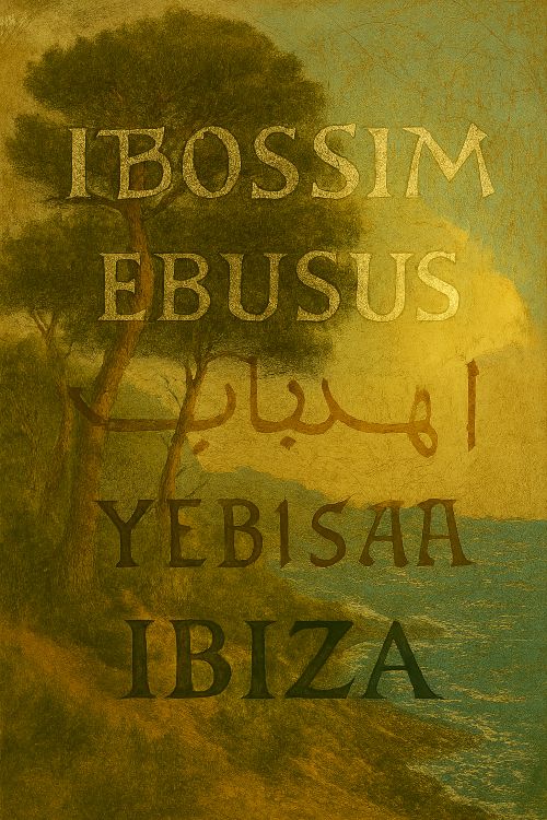 Ibiza, un palimpsesto Ibiza, un palimpsesto. Paisaje mediterráneo con pinos y costa de Ibiza, sobre el que se superponen los nombres históricos de la isla en sus respectivas escrituras: fenicio, latino, árabe y moderno