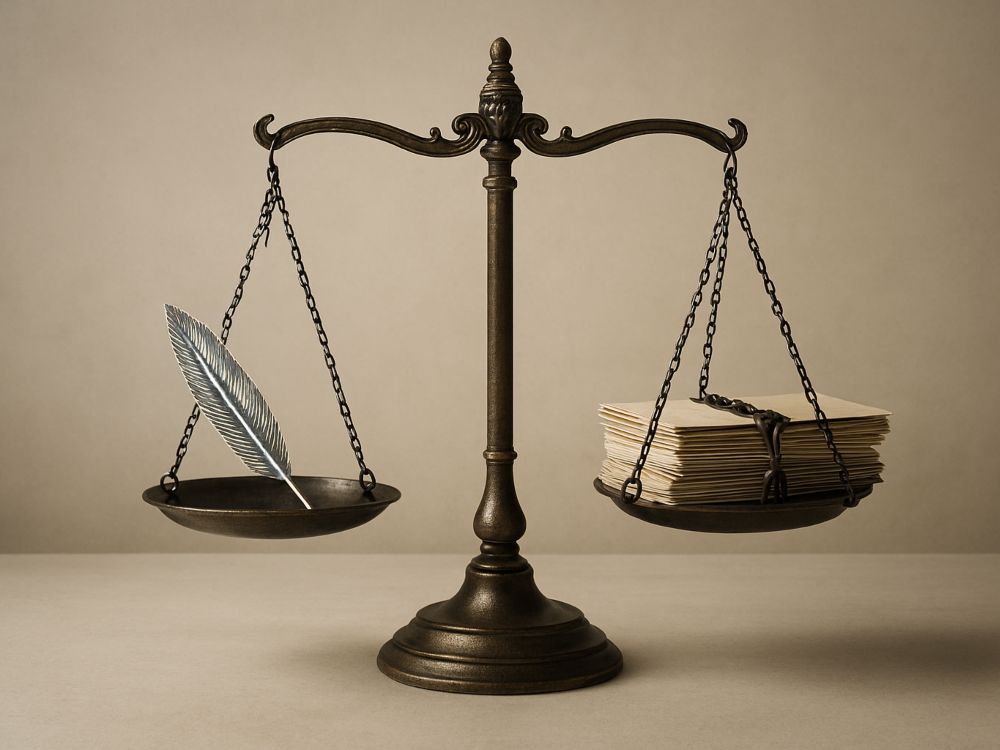 La carga de la libertad. Balanza antigua con una pluma metálica en un plato y un conjunto de documentos encadenados en el otro, sobre fondo neutro