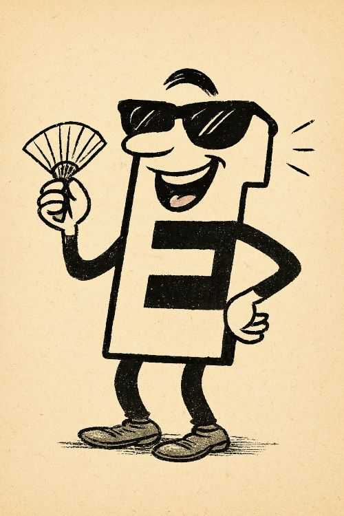 La eterna E Letra E caricaturizada como diva: con gafas de sol, sonrisa exagerada, abanico en mano y actitud presumida
