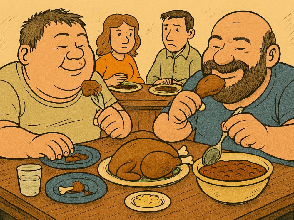 Tumbaollas. Dos mesas contiguas: en una, dos comensales glotones comen con entusiasmo; en la otra, dos comensales normales observan la escena con sorpresa. Ambas mesas están llenas de platos y comida abundante