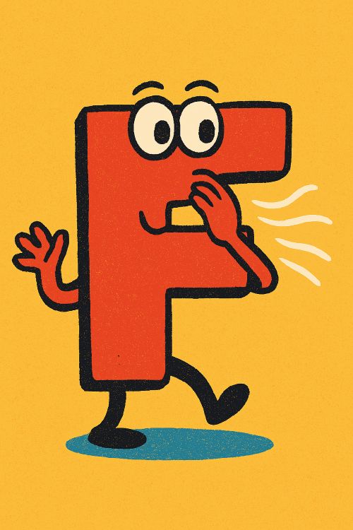 Letra F roja caricaturizada, con ojos expresivos y gesto de soplo sobre fondo amarillo