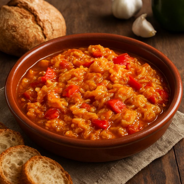 La ruta del ajoarriero Plato tradicional de bacalao ajoarriero servido en cazuela de barro, con pan rústico y ajo sobre mesa de madera