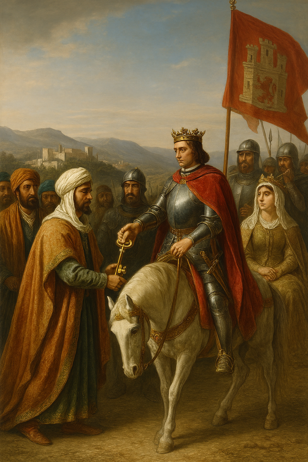 La toma de Granada. Entrega de las llaves de la ciudad por Boabdil a Fernando el Católico, con la Alhambra al fondo y cortejos enfrentados