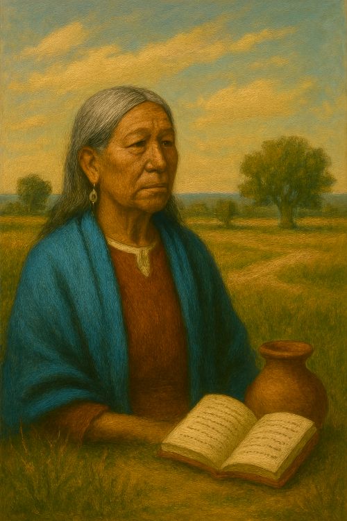 Lengua caddo Mujer indígena caddo mayor en un paisaje campestre de Oklahoma al atardecer, con libro y vasija