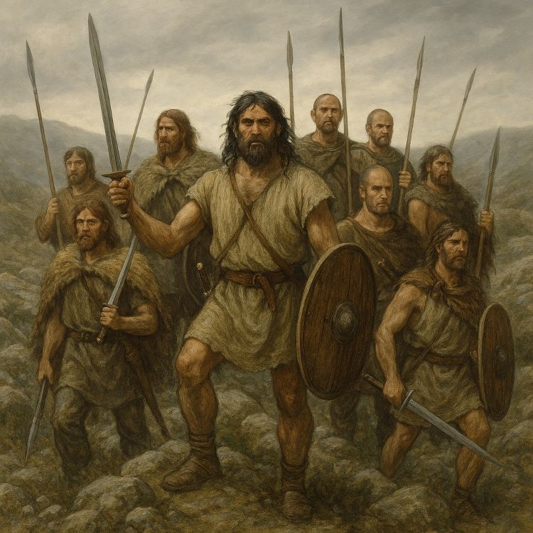 Los viriatos. Grupo de guerreros hispanos antiguos en un paisaje montañoso, armados con lanzas, espadas y escudos, vestidos con pieles y túnicas rústicas