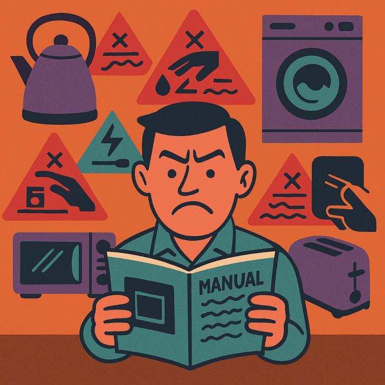 Manuales de instrucciones. Ilustración humorística de un hombre confundido leyendo un manual de instrucciones rodeado de electrodomésticos y símbolos absurdos