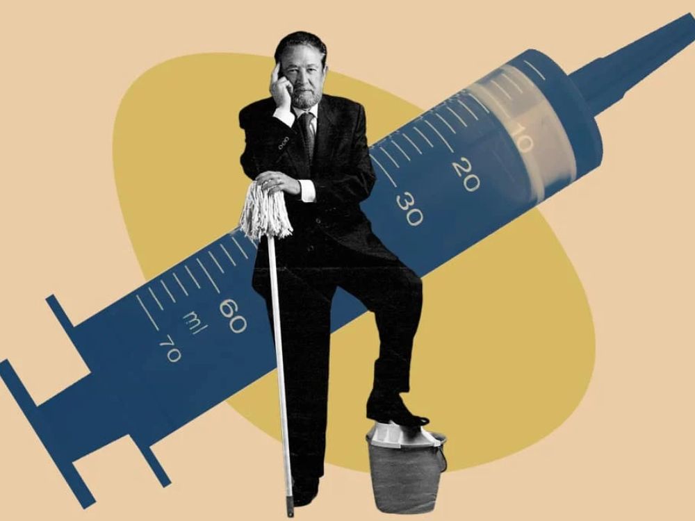 Manuel Jalón Collage simbólico de Manuel Jalón con una fregona y una jeringuilla gigante, en actitud reflexiva