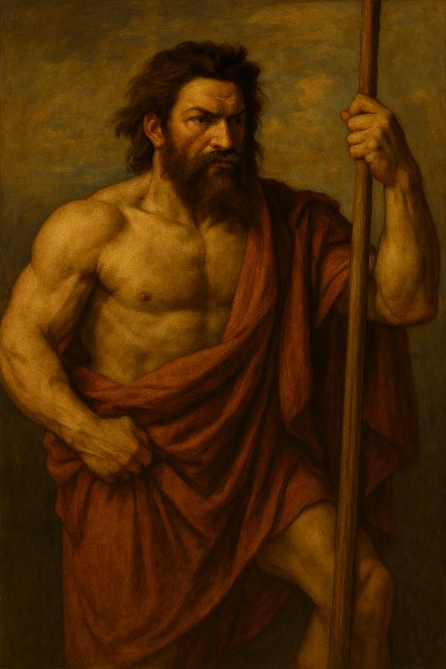 Retrato mitológico de Menecio, titán griego de gesto arrogante, envuelto en un himatión rojizo, con fondo sombrío del Érebo