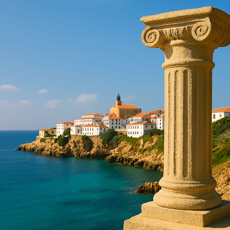 Vista costera de Menorca con columna jónica en primer plano, mar turquesa y pueblo blanco sobre acantilado