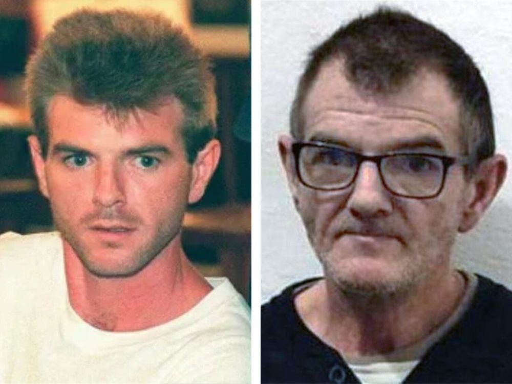 Comparación del rostro de Miguel Ricart en dos momentos distintos: uno poco después de los crímenes y otro en su etapa actual, con cambios visibles en edad y expresión