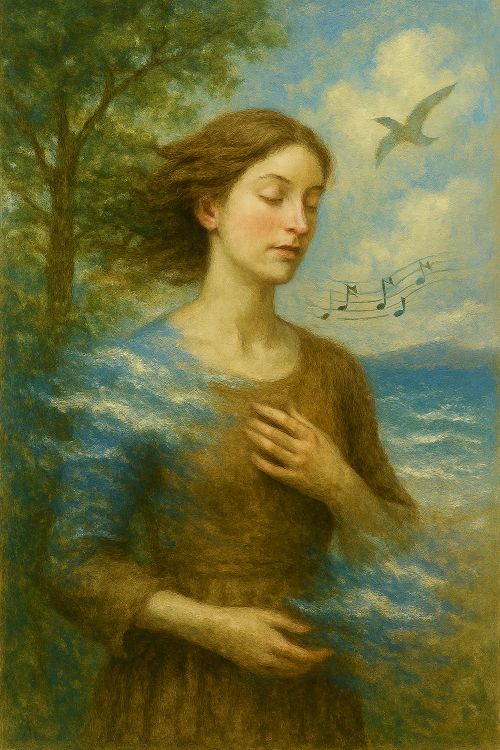 'Nada soy'. Figura femenina en proceso de fusión con elementos naturales: su cuerpo se transforma en ola, nube, rama y música, en un paisaje etéreo que incluye mar, cielo, árbol y notas flotantes