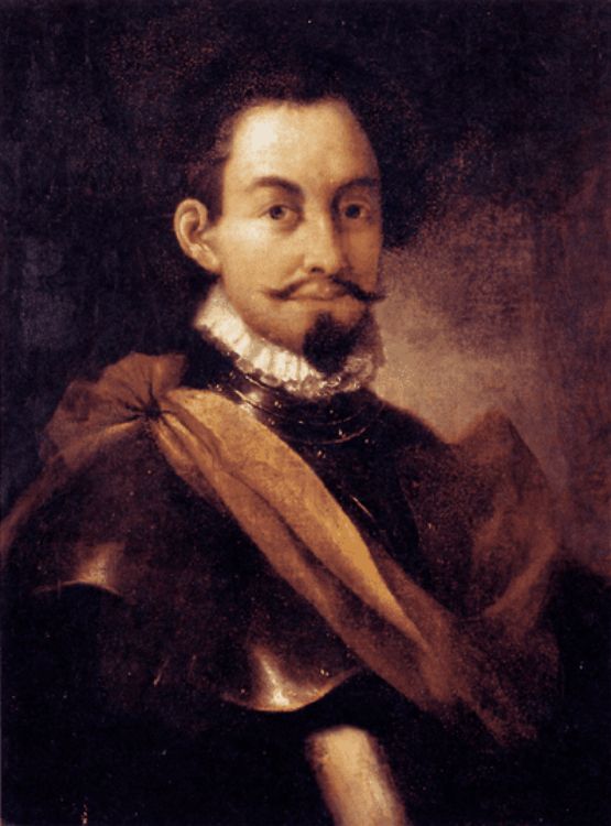 Retrato pictórico de Nikolaus Federmann con armadura, banda dorada y cuello de lechuguilla, sobre fondo oscuro
