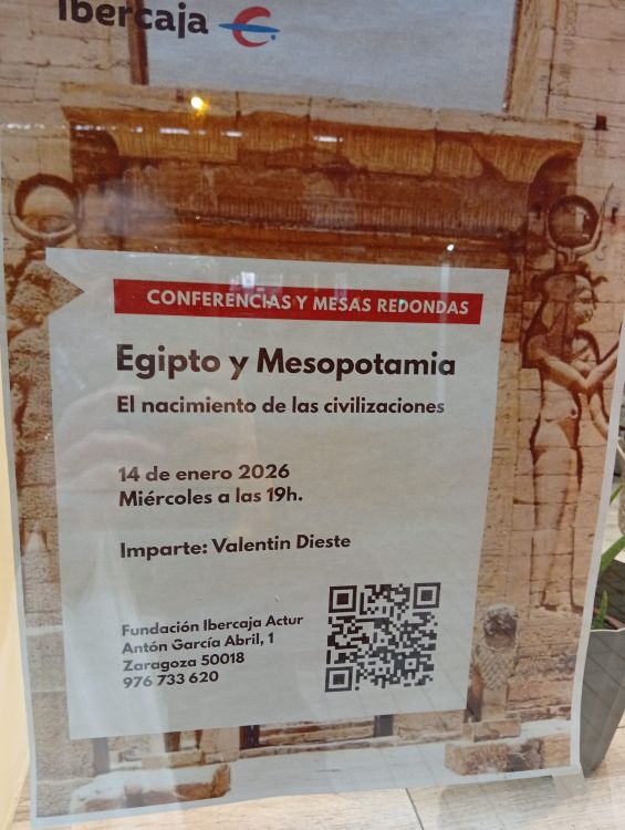 Los nombres importan. Cartel que anuncia una conferencia titulada “Egipto y Mesopotamia. El nacimiento de las civilizaciones”, con el nombre del ponente escrito como 'Valentin' Dieste
