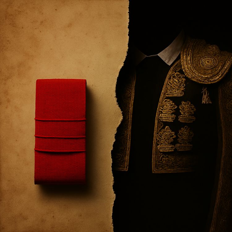 O faja o caja. Cartel taurino rasgado en dos mitades: a la izquierda, una faja torera roja doblada sobre fondo envejecido; a la derecha, el torso de un traje de luces sin figura, bordado en oro sobre fondo oscuro