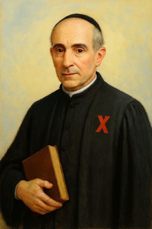 Retrato imaginario del Padre Velasco, sacerdote jesuita del siglo XVIII con toga académica y una discreta X bordada